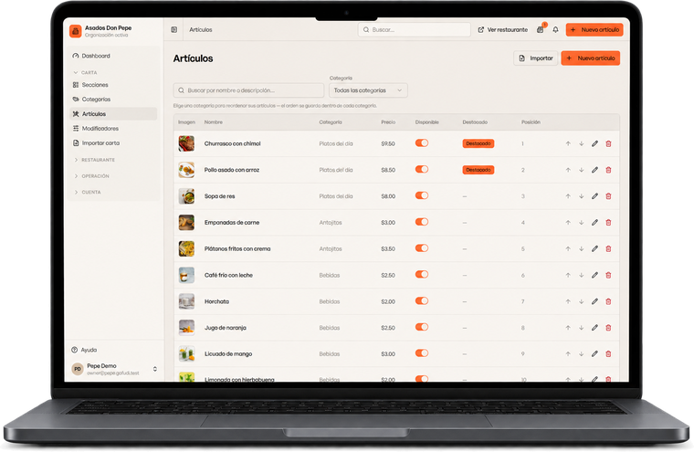 El editor del menú en una laptop: cada plato con su foto, categoría, precio y si está disponible.