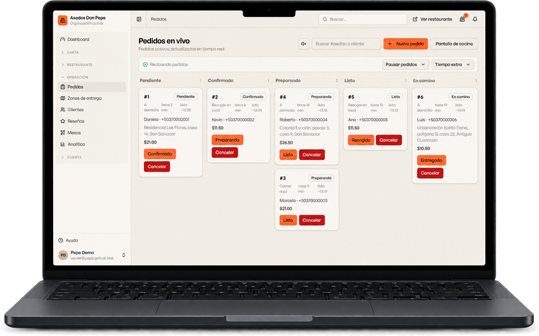 El tablero de pedidos en una laptop: pedidos pendientes, confirmados, en preparación, listos y en camino.