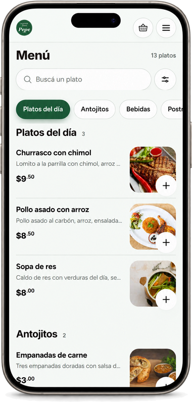 La página de pedidos de un restaurante con sus propios colores: logo, botones y categorías en verde.