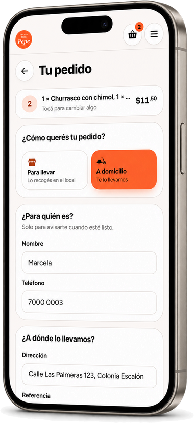 La pantalla para terminar el pedido: el cliente elige para llevar o a domicilio y deja sus datos.