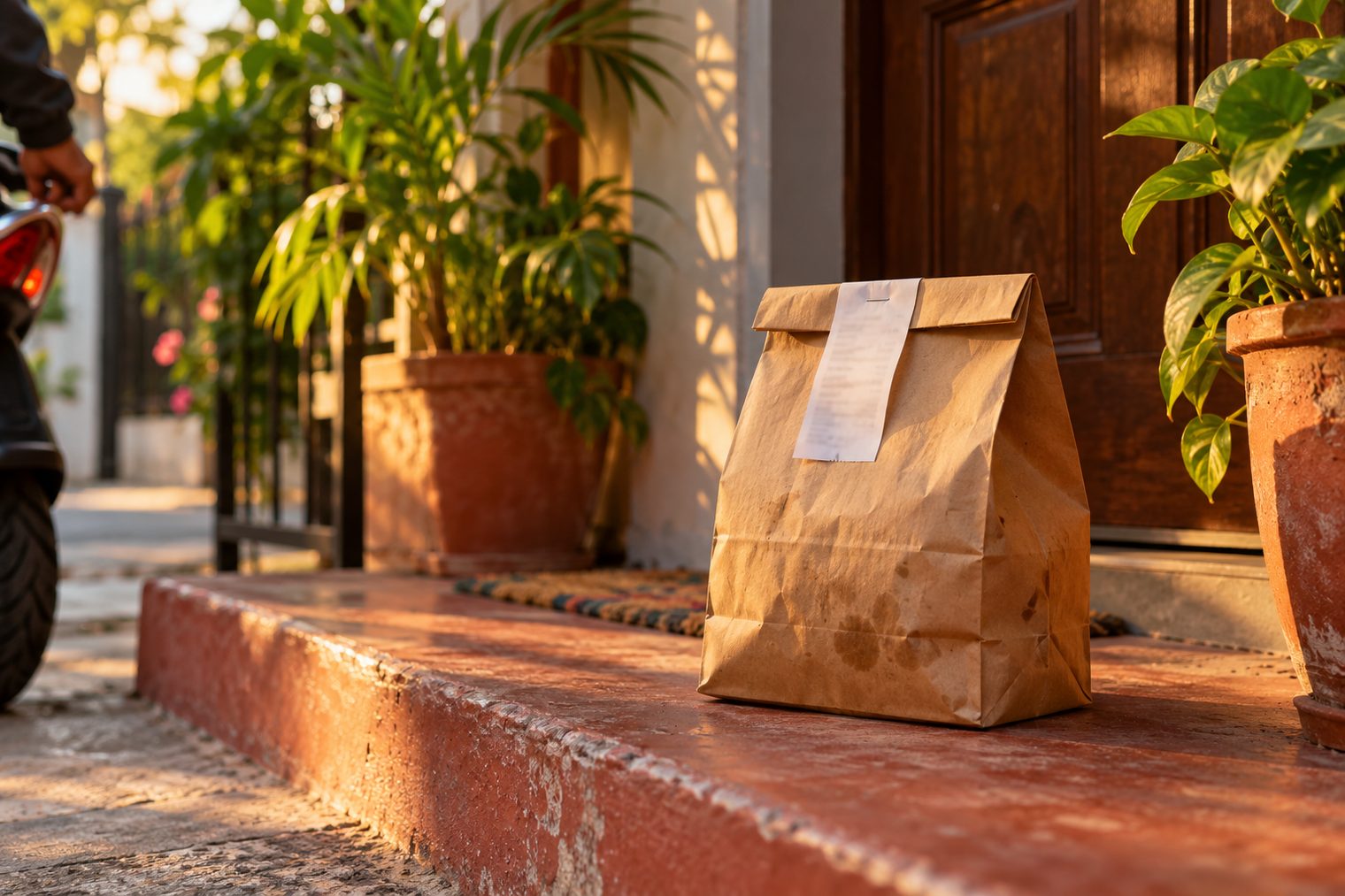 Una bolsa de papel de comida para llevar, grapada con su recibo, entregada en la puerta de una casa.