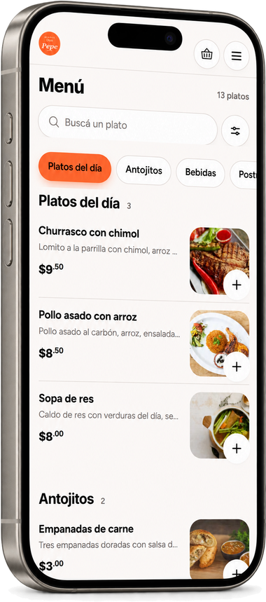Página de pedidos de un restaurante en un teléfono: el menú con fotos, precios y un botón para agregar cada plato.