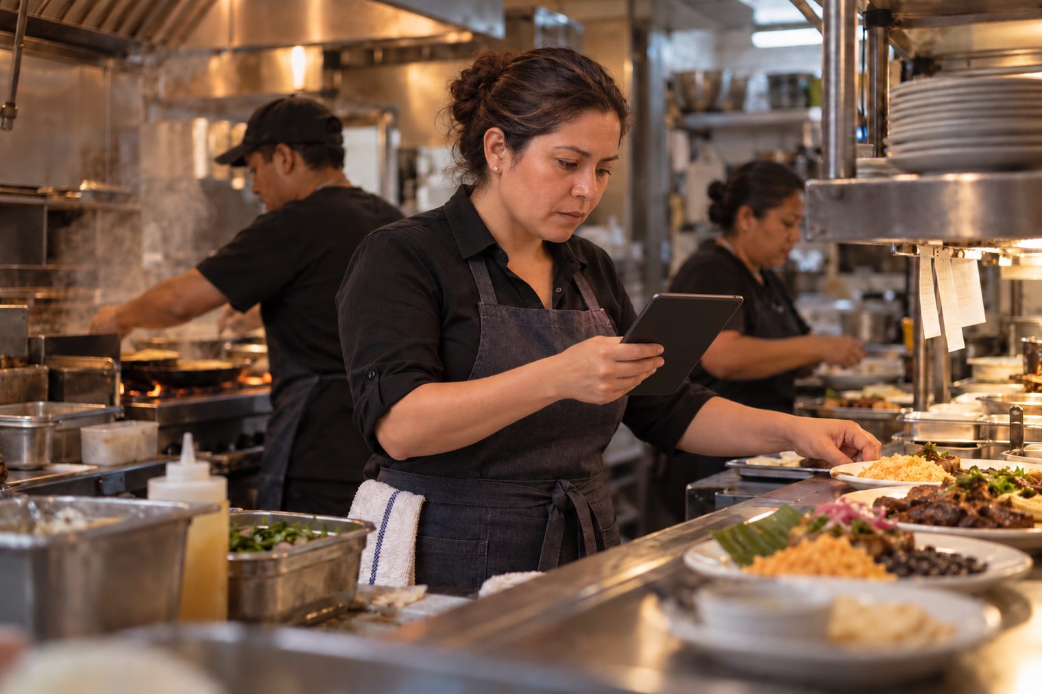 Una cocinera revisa un pedido en la cocina de un restaurante, en pleno servicio.