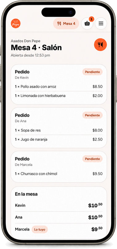La cuenta de la mesa 4 en el teléfono: el pedido de cada persona y cuánto suma lo de cada una.